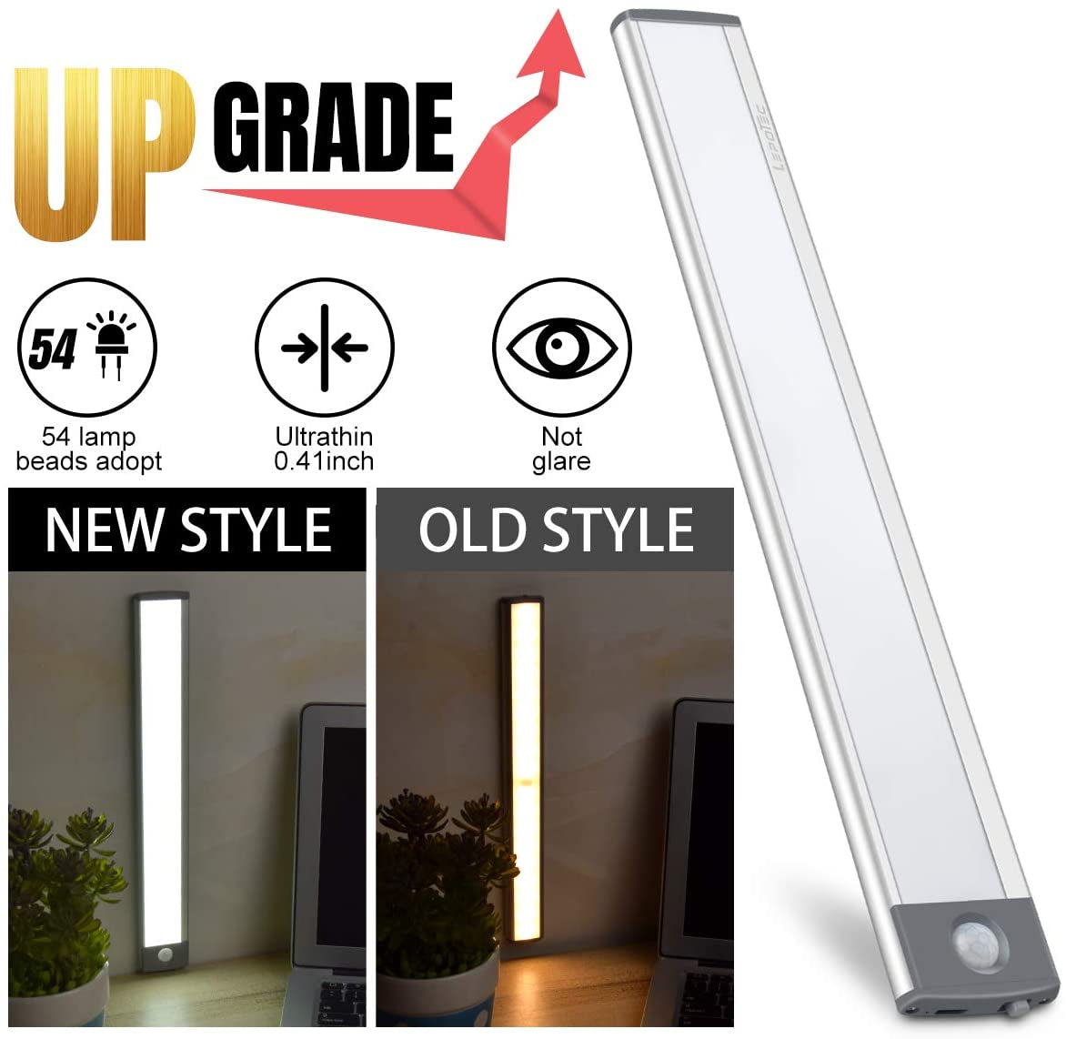 54-LED Motion Sensor Cabinet Light,Under Counter Closet Wireless USB Rechargeable Kitchen Night Lights,Battery Powered for Wardrobe,Cabinet,Cupboard(Warm Light)-2Pack
