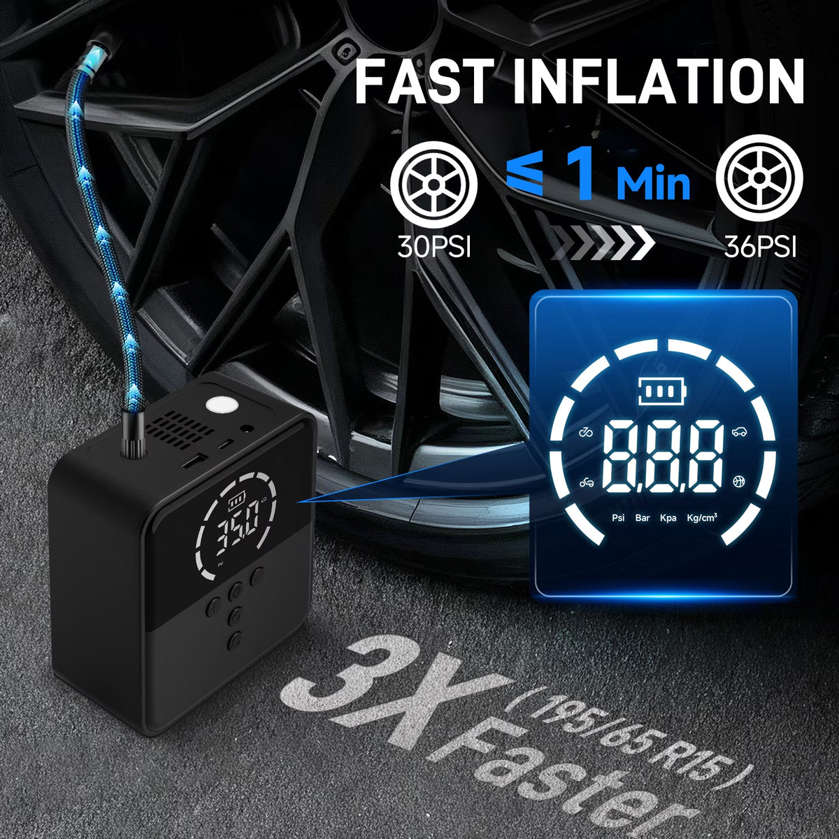 Cordless Tire Inflator, 150 PSI, 6000Mah Battery, Fast Inflation, Digital Gauge, Auto Shut-Off