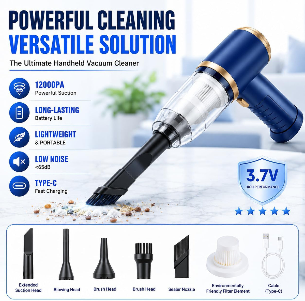 Car Vacuum Cleaner Cordless, 120W High Power Portable Mini Vacuum with 12000Pa Hand Held Vacuum Strong Suction, Electric Compressed Air Duster Blower for Car, Desk, Keyboard, Home