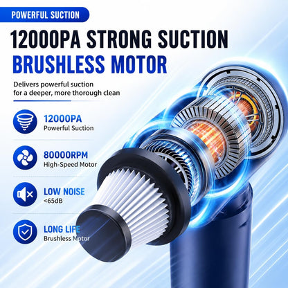 Car Vacuum Cleaner Cordless, 120W High Power Portable Mini Vacuum with 12000Pa Hand Held Vacuum Strong Suction, Electric Compressed Air Duster Blower for Car, Desk, Keyboard, Home