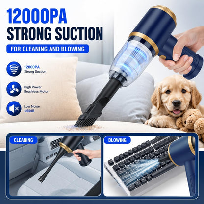 Car Vacuum Cleaner Cordless, 120W High Power Portable Mini Vacuum with 12000Pa Hand Held Vacuum Strong Suction, Electric Compressed Air Duster Blower for Car, Desk, Keyboard, Home