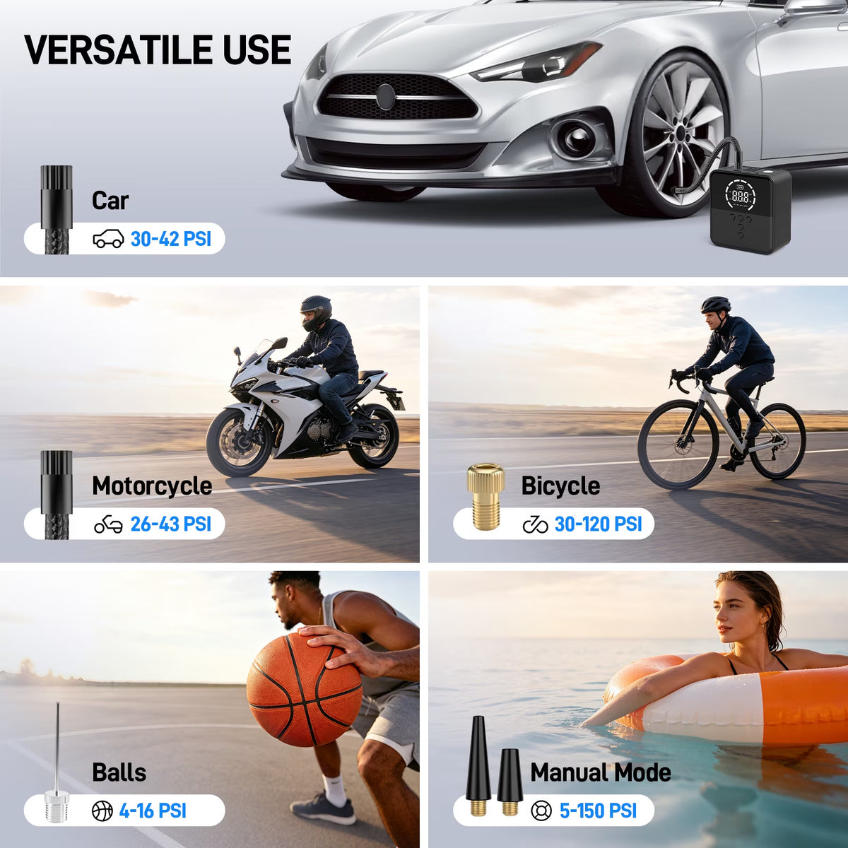 Cordless Tire Inflator, 150 PSI, 6000Mah Battery, Fast Inflation, Digital Gauge, Auto Shut-Off